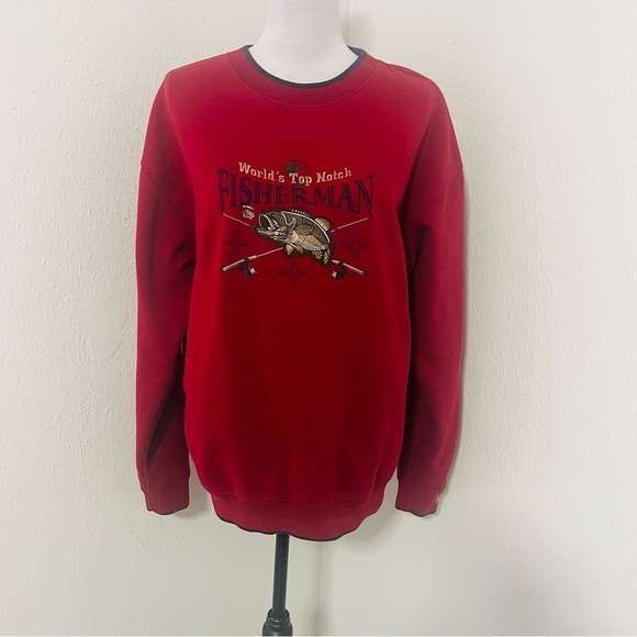 Vntg 90s Worlds Top Notch Fisherman Sweatshirt Large Jumper Crewneck Embroidered - Picture 2 of 9